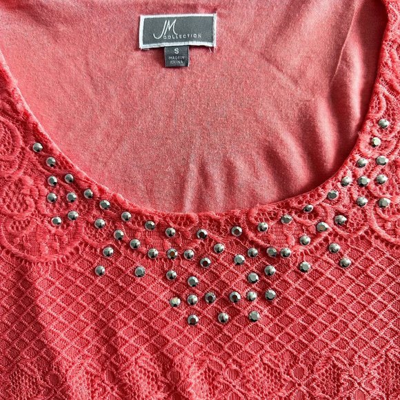 JM COLLECTION Lace Chiffon Hem Top Coral Size Small - Picture 4 of 4